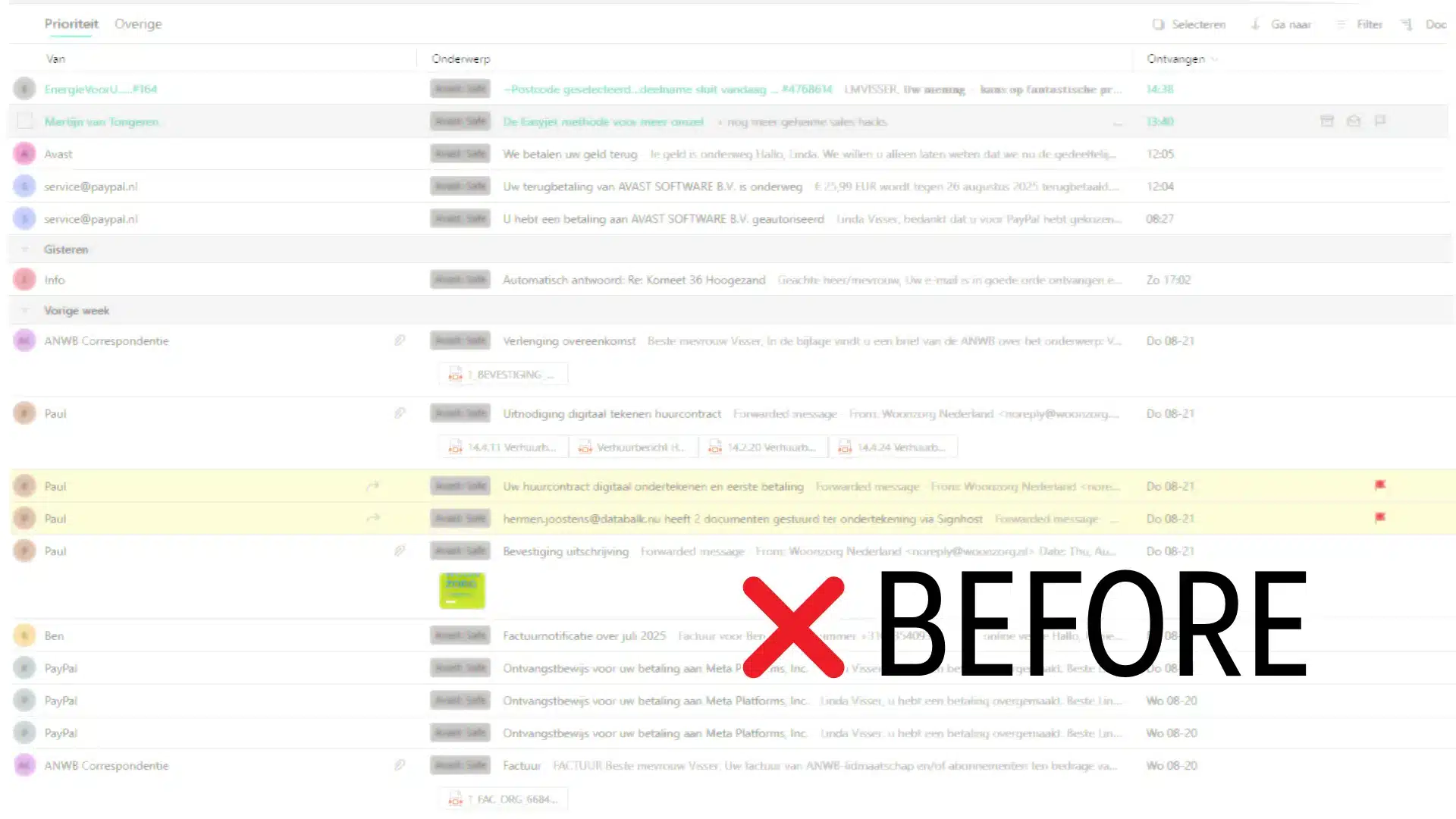 Chaotische volle inbox before Chaotische volle inbox before